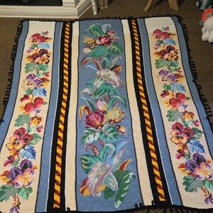 Floral Needlepoint Tapestry Throw - Blue, Cream, Green